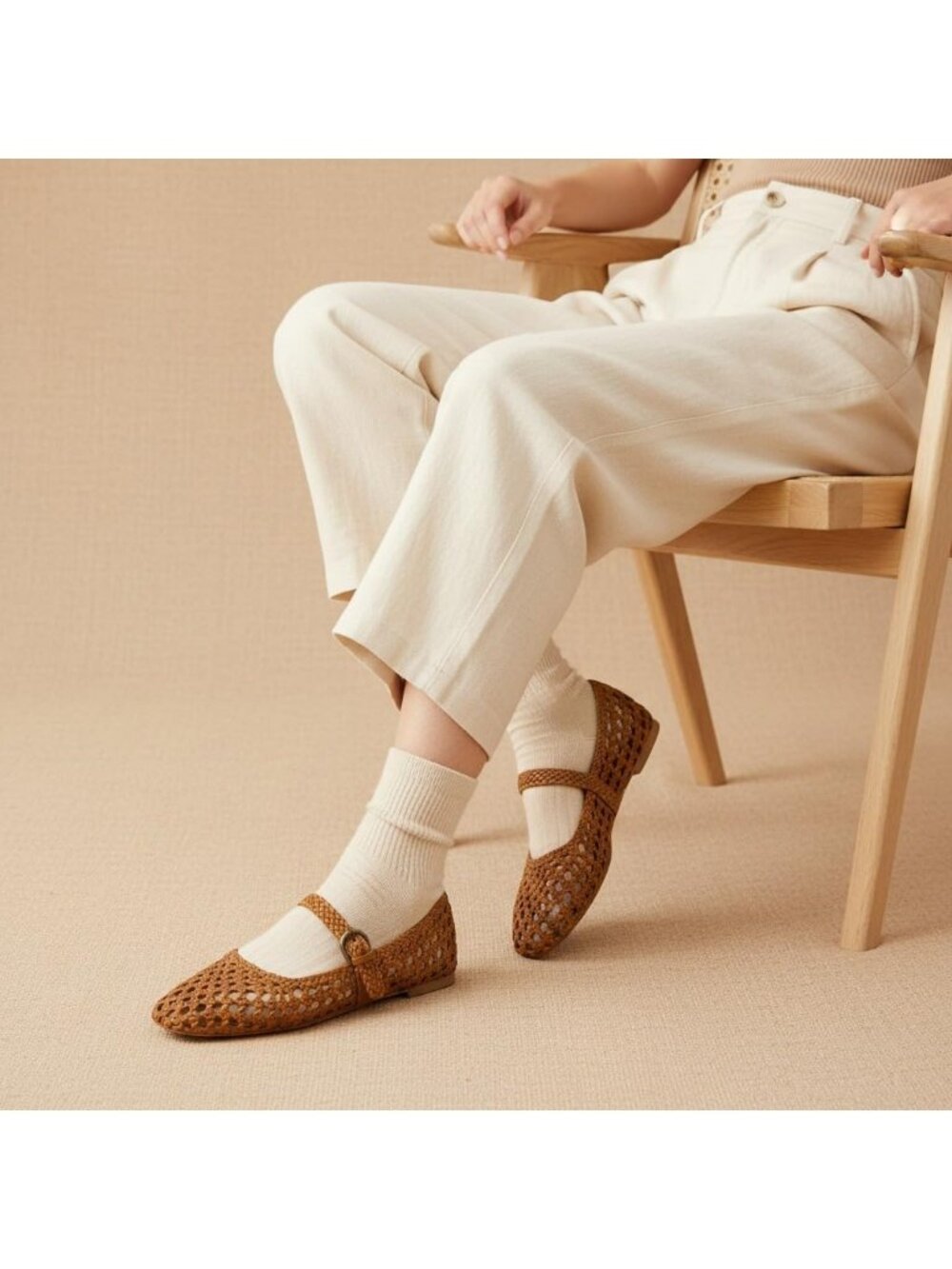 Women's Cognac Woven Comfortable Braided Adjustable Buckle Mary Jane Ballet Flat - Picture 2 of 6